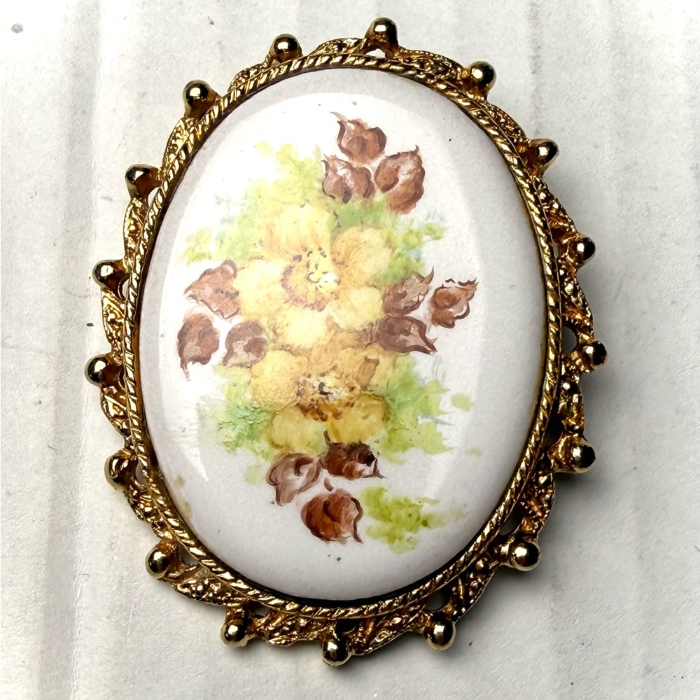 Antique Floral Hand Painted Porcelain Pin Brooch Gold Tone Frame J Linten Signed